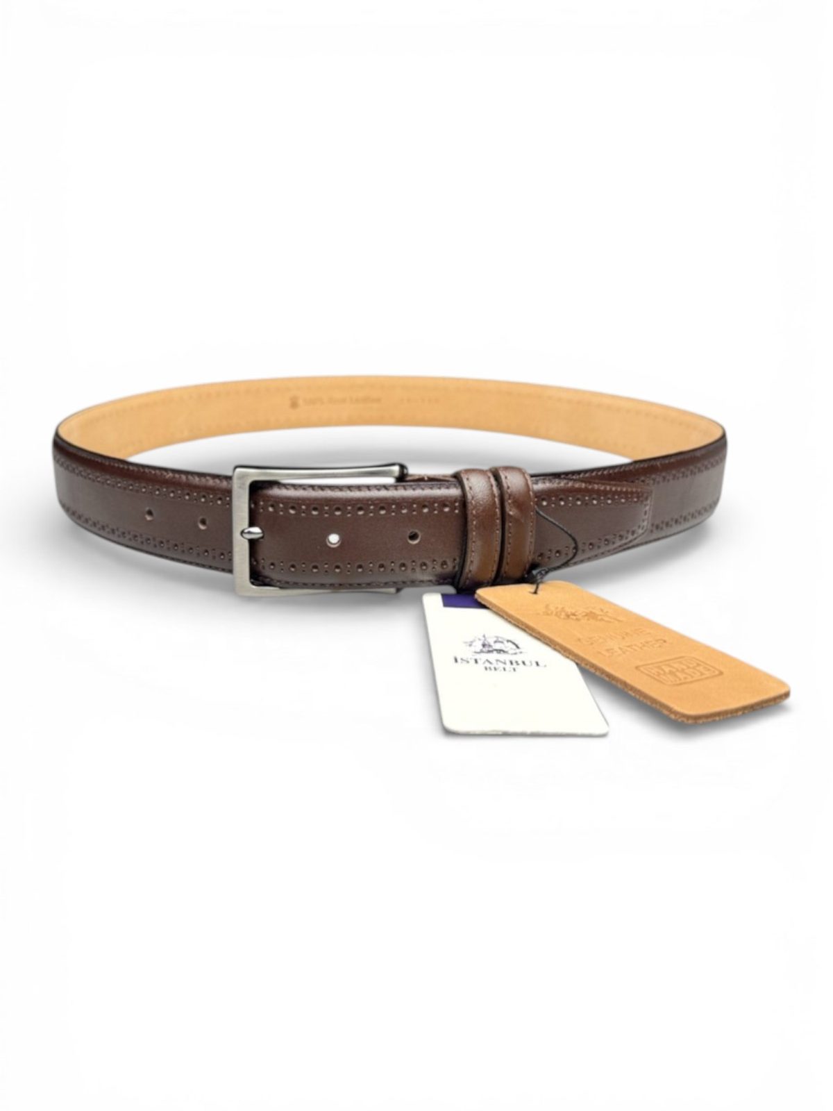 İstanbul Belt Hakiki Deri Erkek Kemer – Kahverengi  – 3.5 cm – Brogue Detaylı Klasik Model
