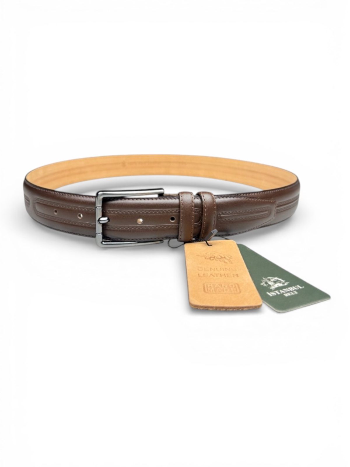 İstanbul Belt Hakiki Deri Erkek Kemer – 3.5 cm – Çift Şerit Kabartma Desenli Klasik Model