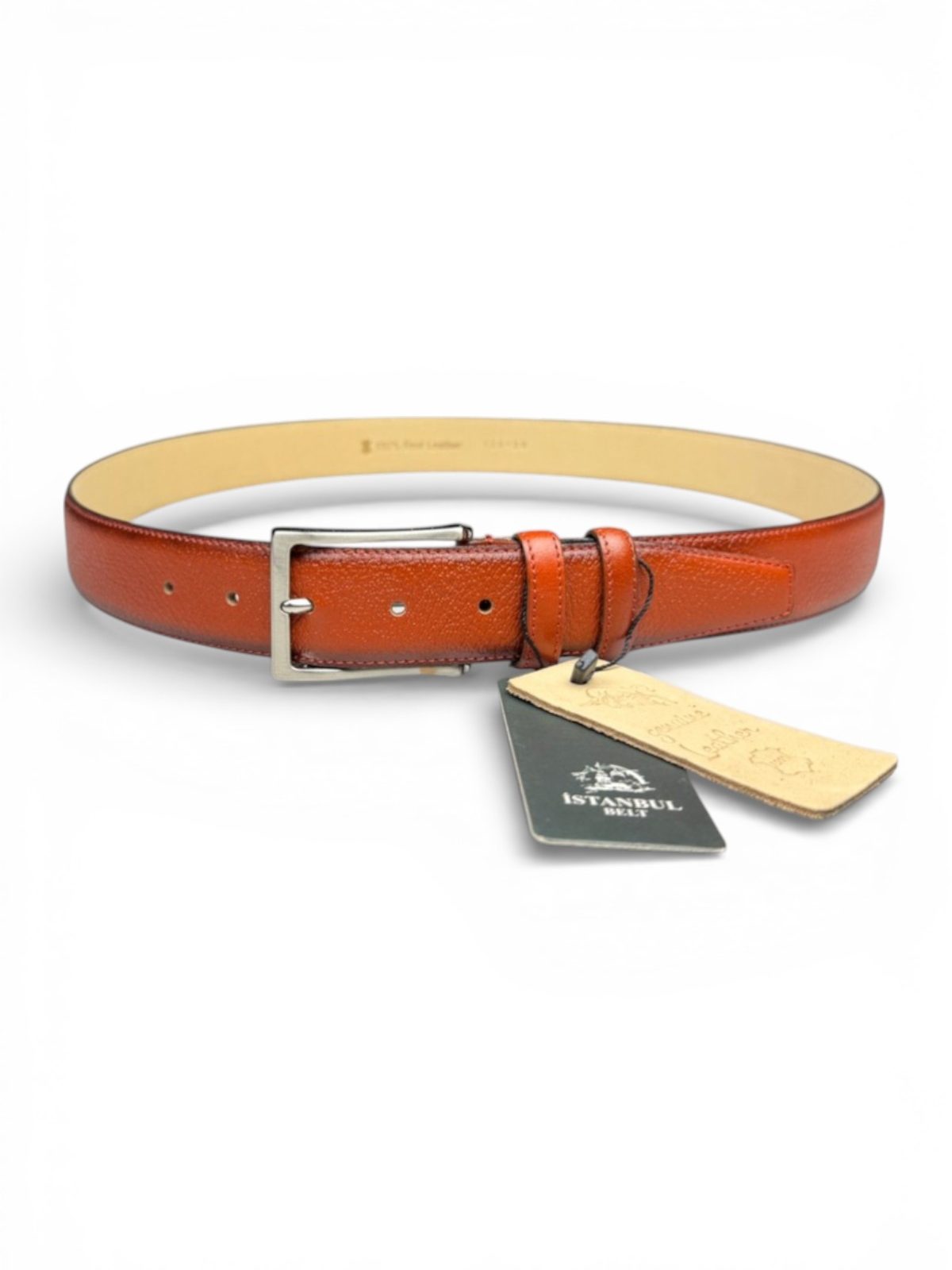 İstanbul Belt Hakiki Deri Erkek Kemer – Taba – 3.5 cm – Doğal Damarlı Dokulu Klasik Model
