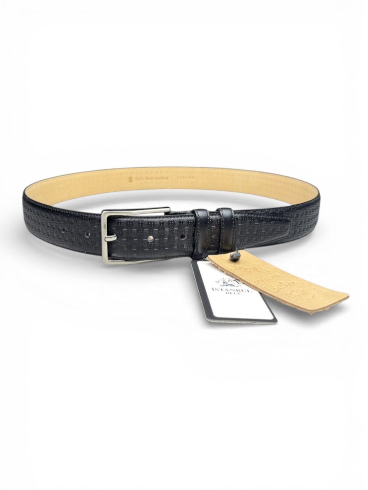 İstanbul Belt Hakiki Deri Erkek Kemer – Siyah – 3.5 cm – Klasik Model – Kare Dokulu Tasarım