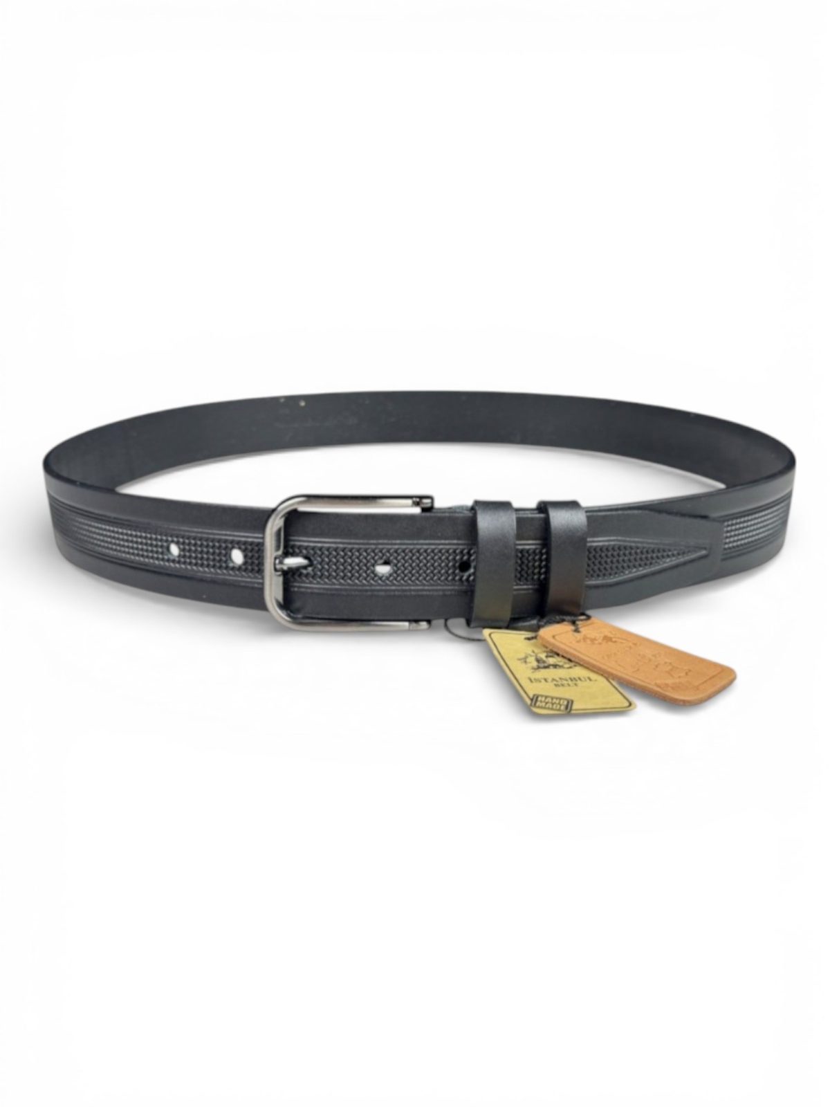 İstanbul Belt Hakiki Deri Erkek Kemer – 4 cm – Dokulu Şerit Desenli – Klasik Tokalı – Siyah