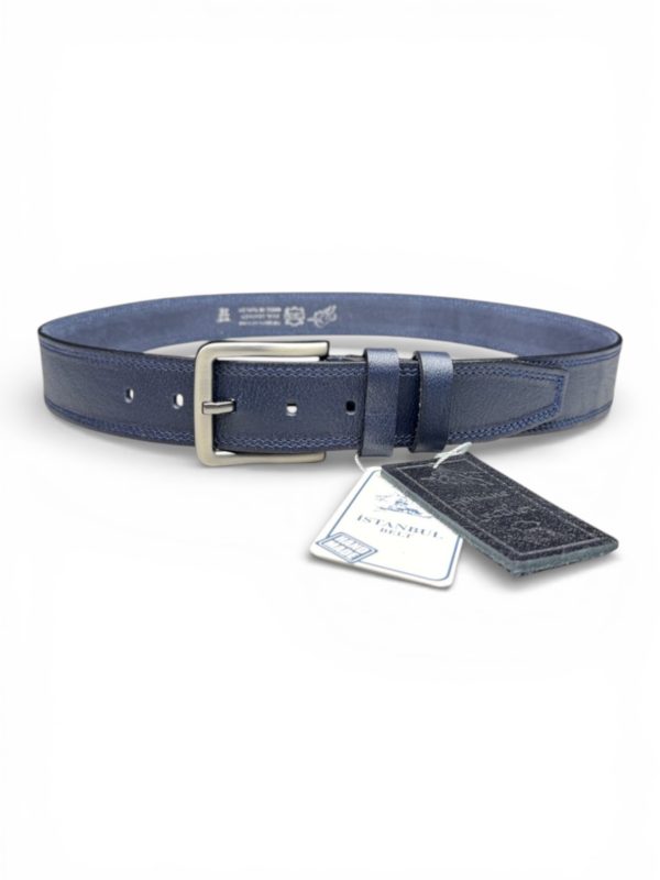 İstanbul Belt Hakiki Deri Çift Dikişli Erkek Kemer – Lacivert – 4 cm – Kalın Tek Kat Deri – Mat Tokalı