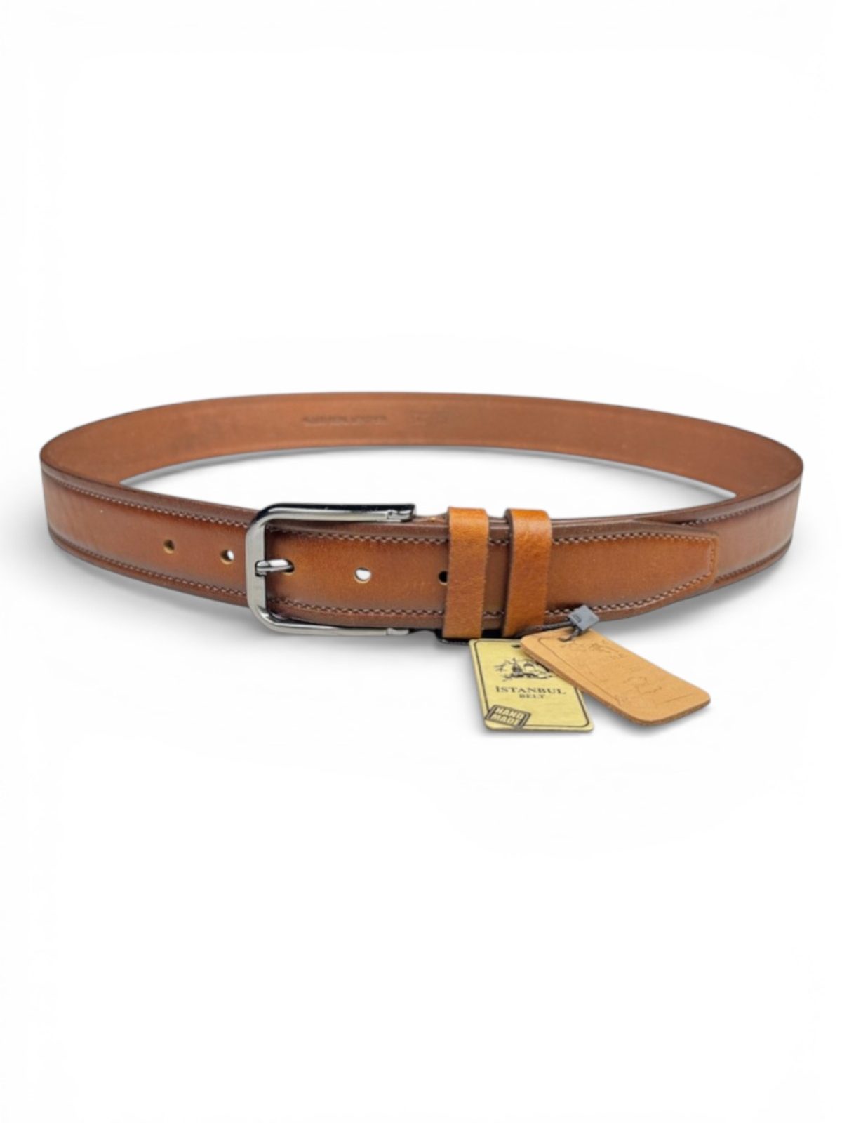 İstanbul Belt Taba Erkek Kemer – 3.5 cm – Tek Kat Deri – Baskılı & Dikiş Detaylı