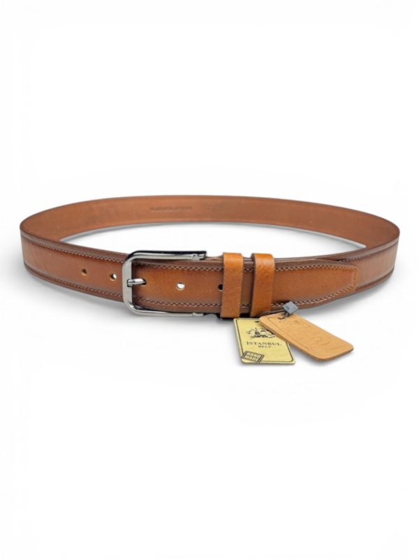 İstanbul Belt Taba Erkek Kemer – 3.5 cm – Tek Kat Deri – Baskılı & Dikiş Detaylı
