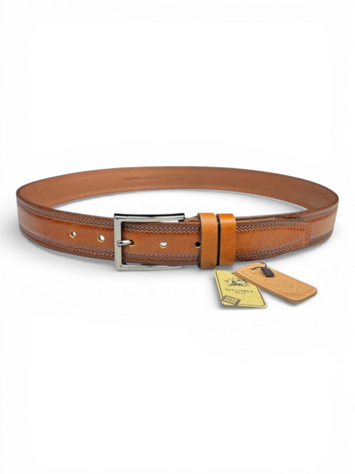 İstanbul Belt Taba Erkek Kemer – 3.5 cm – Kalın Tek Kat Deri – 4 Dikiş Detaylı